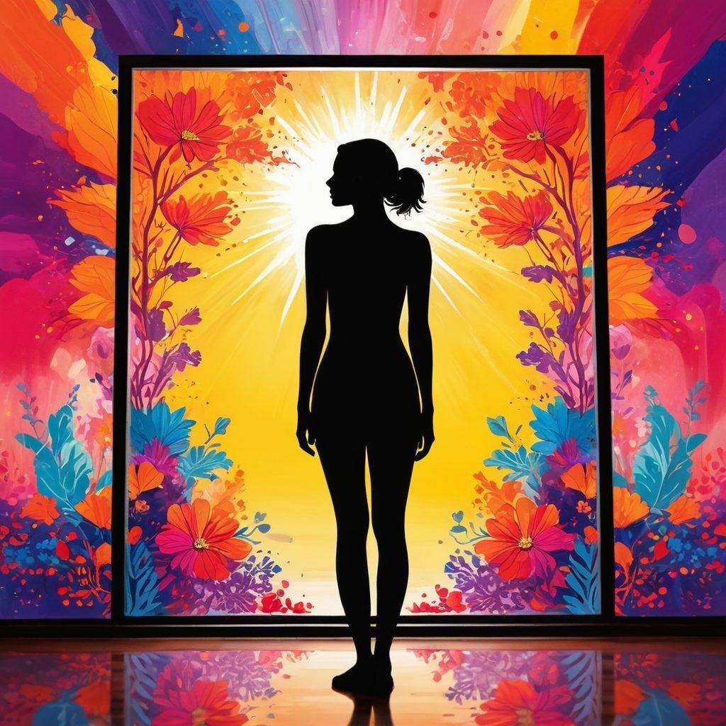 A vibrant transformation scene featuring a silhouette of a person standing confidently in front of a mirror, surrounded by colorful abstract patterns symbolizing self-love and positivity. Incorporate elements of nature like flowers and sunshine to represent growth and joy. Above the silhouette, incorporate the phrases 'self-doubt' fading away and 'self-love' radiating outward, showcasing the journey. Bright colors and uplifting energy should dominate the image. painting. vibrant colors.