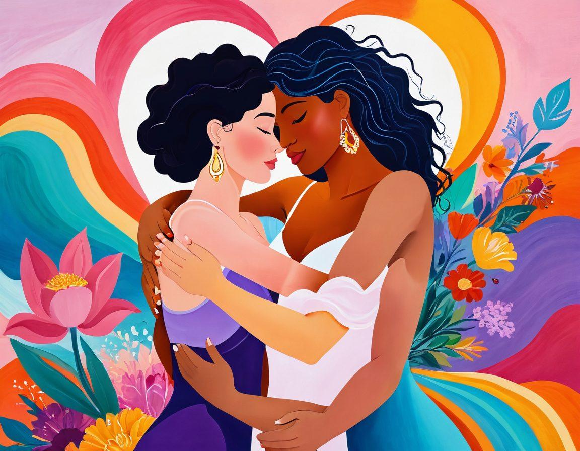 An abstract representation of two diverse figures embracing openly in a vibrant, colorful setting. Surround them with symbols of body positivity, such as flowers and hearts, while depicting soft, flowing lines that suggest warmth and connection. Incorporate elements representing sexual wellness, like gentle waves or light, to symbolize harmony and understanding. The background should be an inviting blend of pastel colors to evoke feelings of comfort and acceptance. painting. vibrant colors.