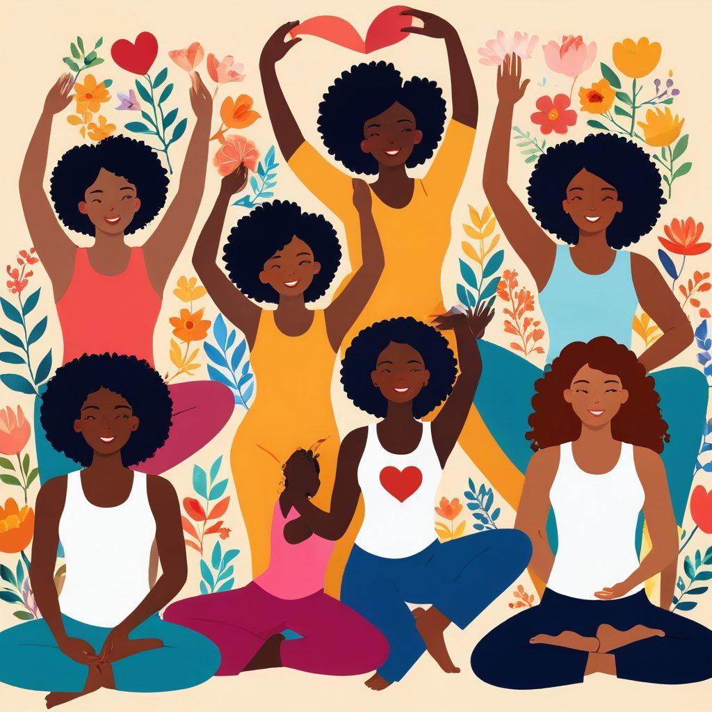 A diverse group of women of various body types and ethnicities, showcasing their unique forms with confidence and joy in a colorful, uplifting setting. Include symbols of self-love like flowers and heart shapes surrounding them, as they engage in empowering activities like yoga and painting. Soft, warm lighting to evoke a sense of warmth and acceptance. vibrant colors. digital illustration.